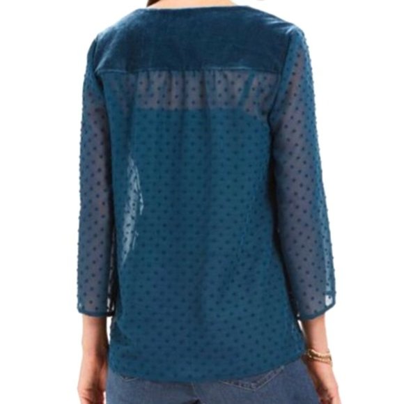 New Style & Co Velvet Eyelet Embroidered Swiss Dot Sheer Top Teal Size Medium - Picture 2 of 16